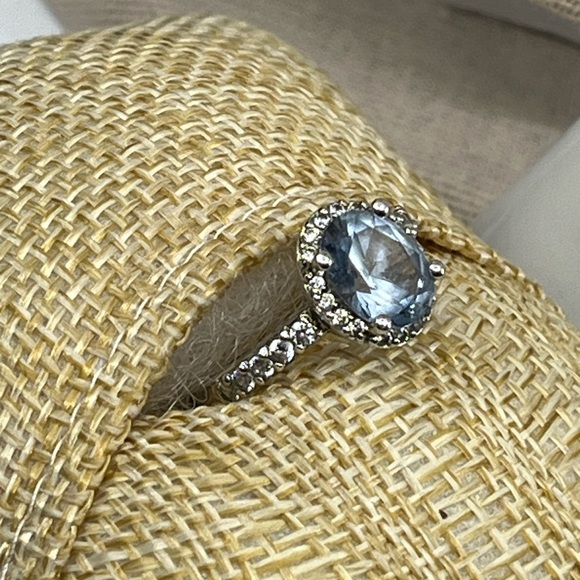 Vintage Estate Sterling Silver 925 Blue Topaz & Diamond Halo Ring – Size 6 - Picture 3 of 17